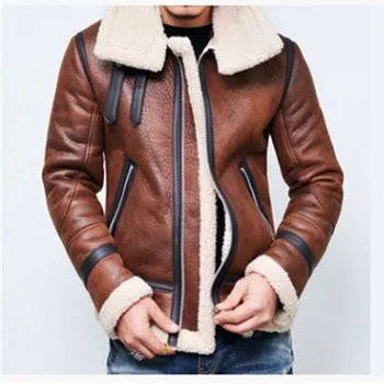 

Mens Motorcycle PU Leather Jacket Winter Long-sleeve Vintage Faux PU Leather Coat Men Black Thicken Coats Turn-down Collar M-4XL
