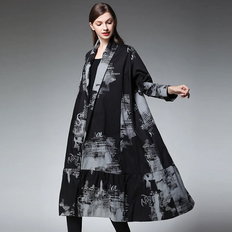 

New--2019 female new spring plus size outerwear personality fashion loose printing long cardigan