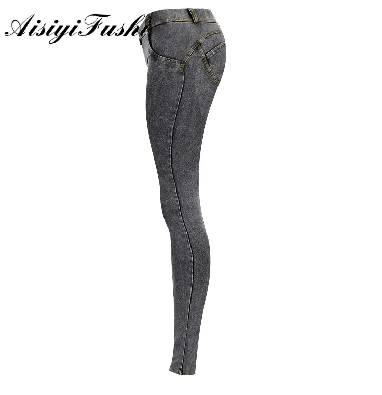 Aisiyigushi/потертые женские джинсы с низкой талией, Стрейчевые обтягивающие джинсы с эффектом пуш-ап, серые узкие джинсовые штаны для женщин, подтягивающие ягодицы, узкие джинсы