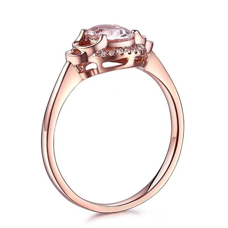 HELON Fine Jewelry Solid 10K Rose Gold Oval 7x5mm Pink Morganite Pave Natural Diamonds Ring Engagement Wedding Gemstone Ring