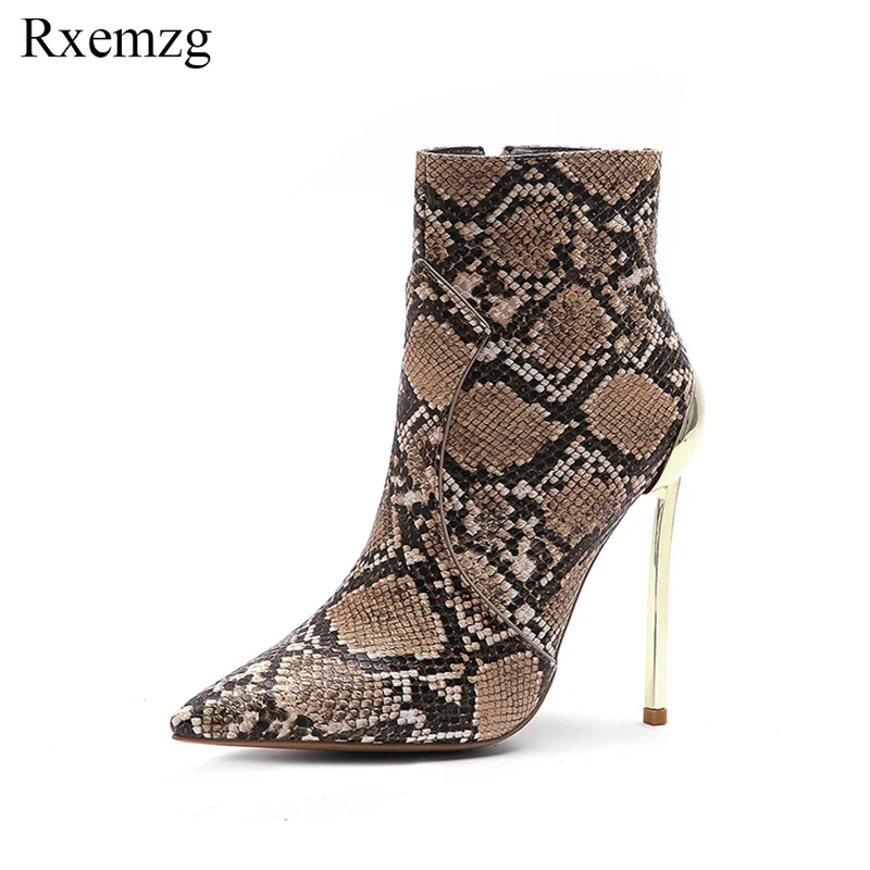 

Rxemzg print snake PU women ankle boots sexy pointed toe zipper footwear metal high heels female boot party shoes women 2019 new