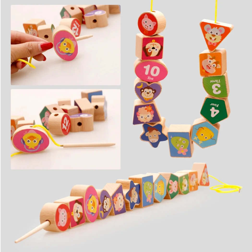 Деревянное животное развивающие часы игрушки для бусины для детей шнуровка Монтессори отрезная игрушка цифровые геометрические Часы игрушки