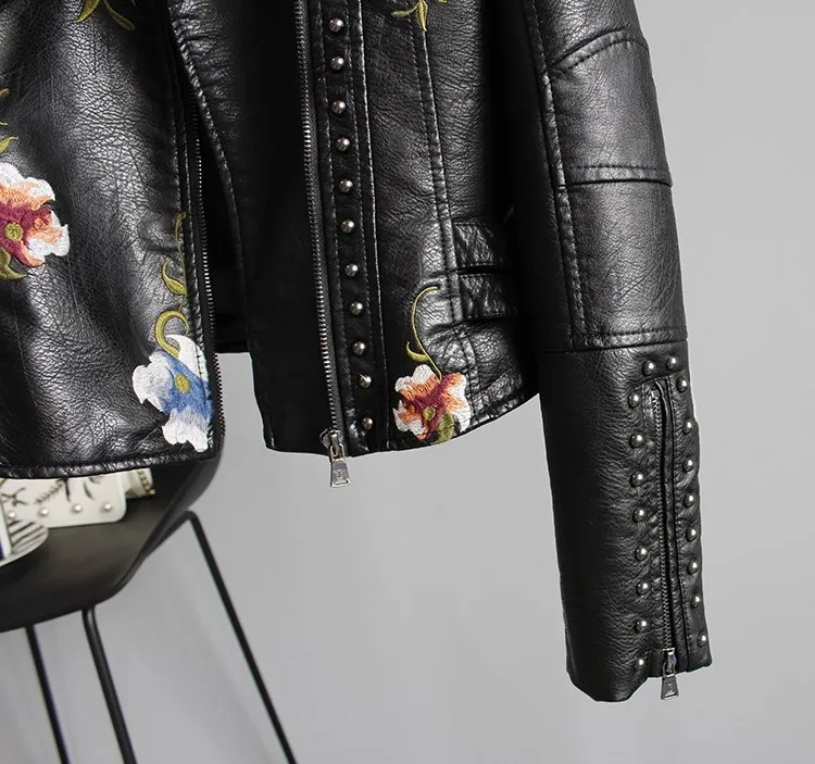 Floral Print Embroidery Biker Style Leather Jacket