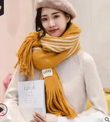 stripe yellow Зимний кашемировый шарф с кисточками, женские полосатые Лоскутные плотные теплые мягкие длинные шарфы, женские вязаные шали, шерстяной шарф - Цвет: stripe yellow