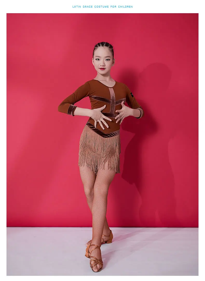 Новинка; платье с бахромой для девочек в латиноамериканском стиле; детские бархатные платья с длинными рукавами для профессиональных латинских танцев