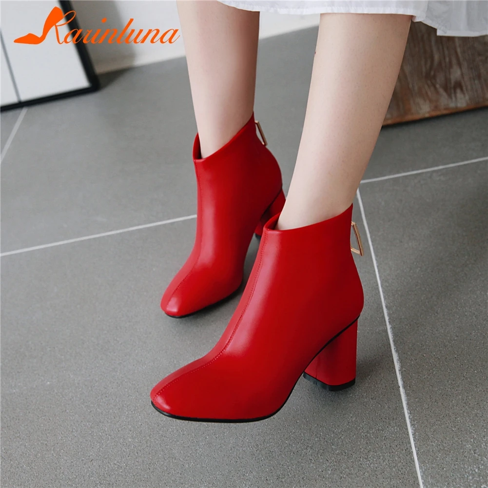 

KARINLUNA New Arrivals Plus Size 32-48 High Quality Chunky Heels Shoes Woman Boots Female Zipper Black Red Boots Woman Shoes