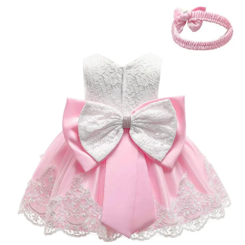 Новинка; модное торжественное свадебное платье для новорожденных; платье с бантом для маленьких девочек; платье для дня рождения; платье для крещения; одежда для малышей 1 года - Цвет: Pink