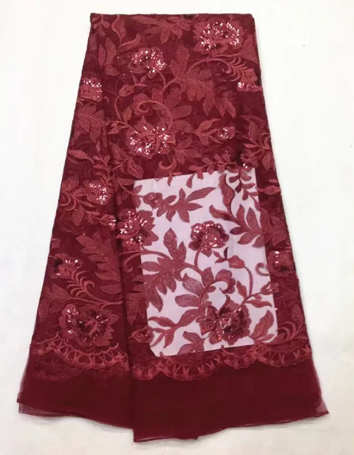

5 Y/pc Beautiful wine embroidery african mesh lace with sequins flower design french net lace fabric for clothes LJ19-3