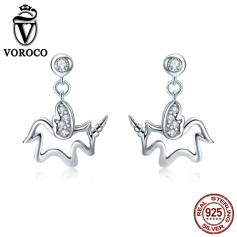 

VOROCO Cute Licorne Earrings Real 925 Sterling Silver Dangle Drop Earrings Glitter Zircon Crystal 925 Silver Fine Jewelry BKE425