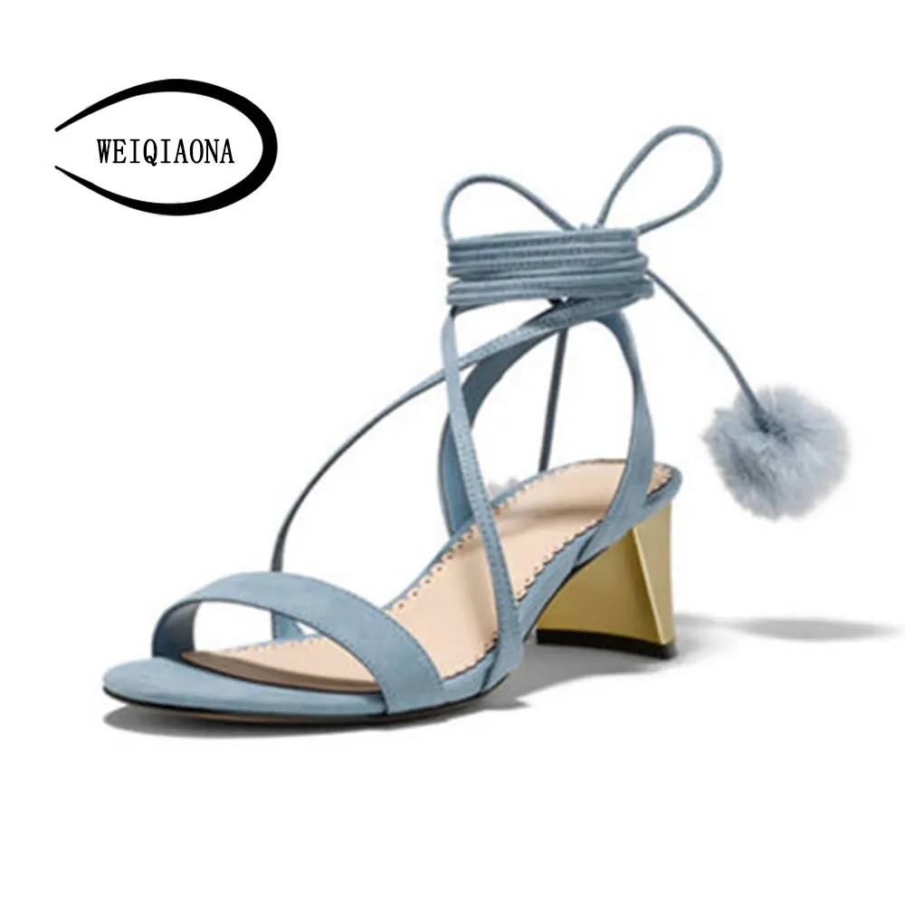 

WEIQIAONA summer vintage fashion lace-up Pompom brand design women high heel chic Ladies sandals Sweet ladies party shoes