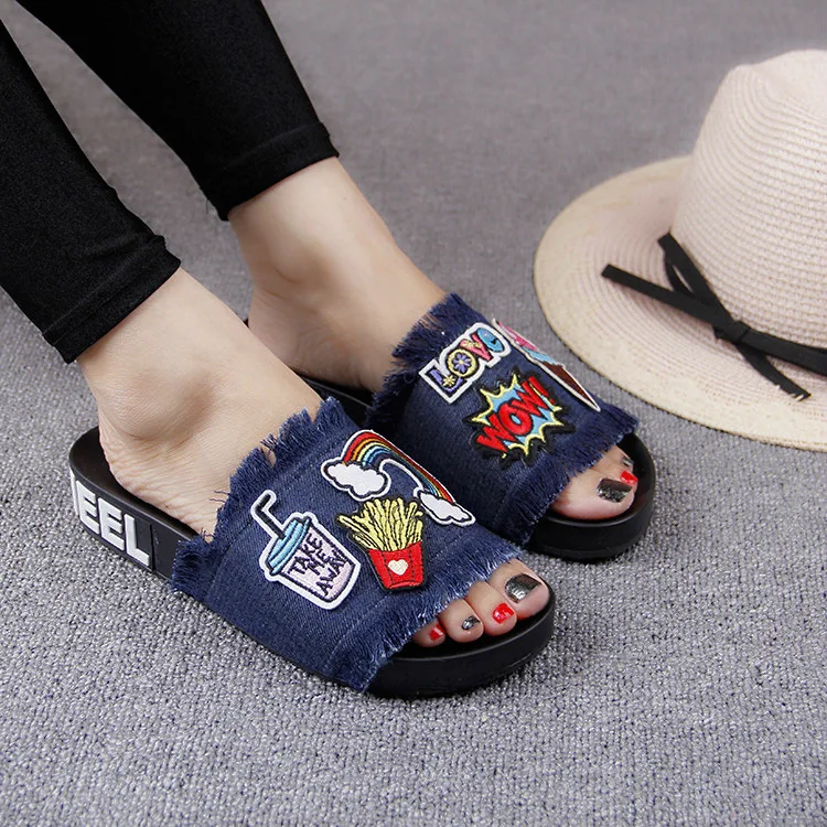 New Womens Sandal Styles Cartoon Patch Embroidery Tassel Flat With Open-toed Slip Holiday Shoes 2016 Comfort Cheap Slippers49