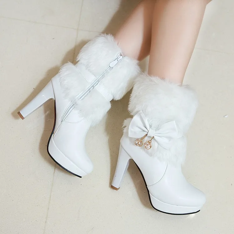 Women Boots Autumn Winter Warm Fur New Sweet Pu Butterfly-knot Mid-calf Snow Boots Black Pink White High-heeled Shoes MAZIAO