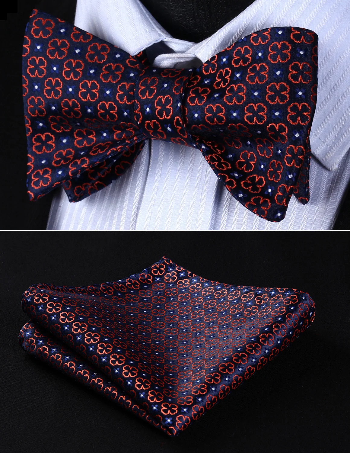  Classic BF606VS Navy Blue Orange Floral Bowtie Men Silk Self Bow Tie handkerchief set Pocket Square