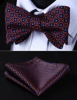 

Classic BF606VS Navy Blue Orange Floral Bowtie Men Silk Self Bow Tie handkerchief set Pocket Square Wedding