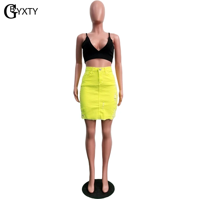 GBYXTY неоновая цветная юбка стрейч Высокая талия обтягивающие джинсовые юбки для женщин летние рваные джинсы с бахромой Юбки Saia ZL244 - Цвет: Цвет: желтый