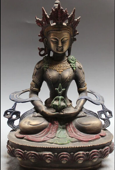 

12" Chinese Tibetan Buddhism Silver Painting Long Life Amitayus Buddha Statue R0709