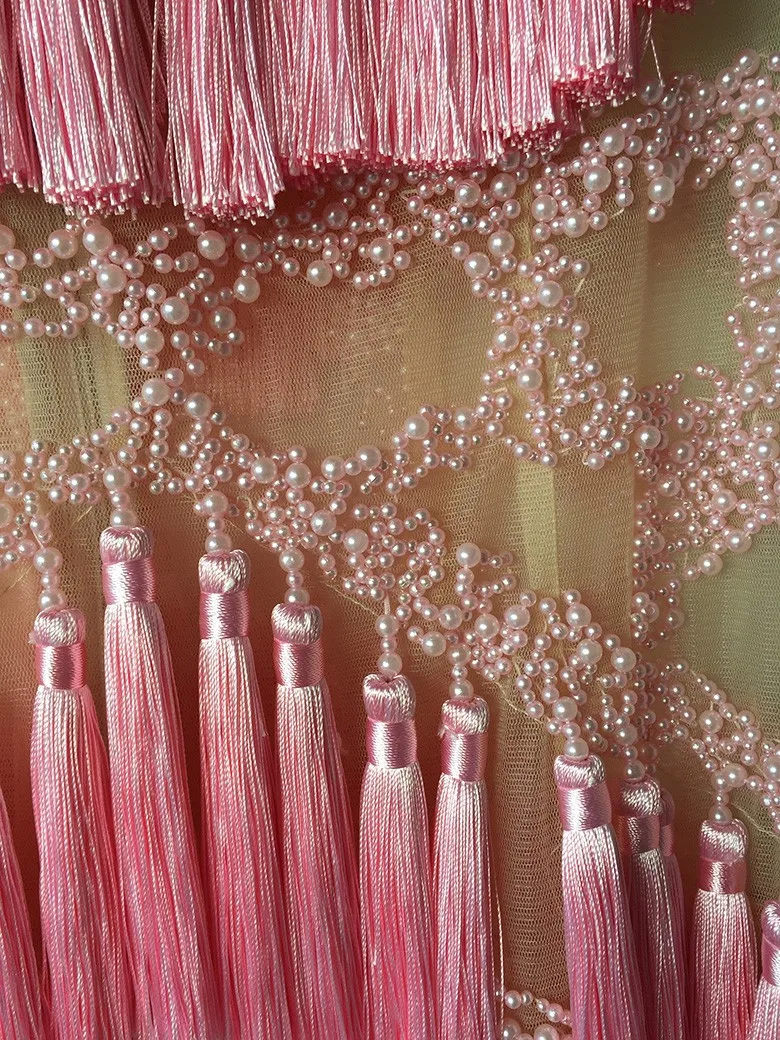 TANG 2019 Summer Sexy Off Shoulder Women Mesh Dress Pink Hollow Out Mini Dress Runway Fringe Bodycon Party Dress (5)