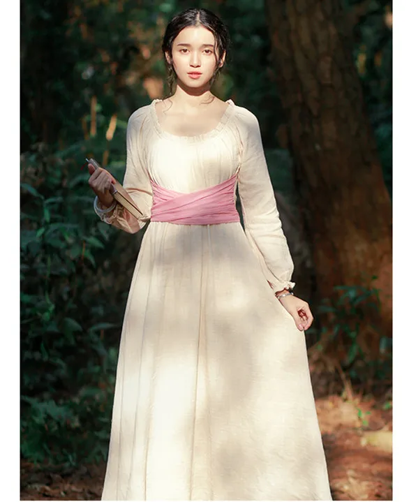 Jessica's Store New Spring Autumn Women French Vintage Elegant Slim O-Neck Casual Loose Cotton Linen Cute Long Dress