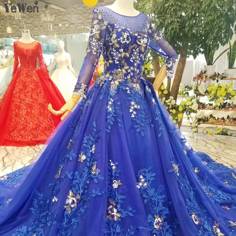 Royal Blue 2019 New Wedding Dresses A line Long sleeve Wedding Gown