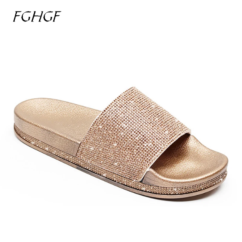 2018 New Platform Rose Gold Rhinestone Flat Sliders Shoes