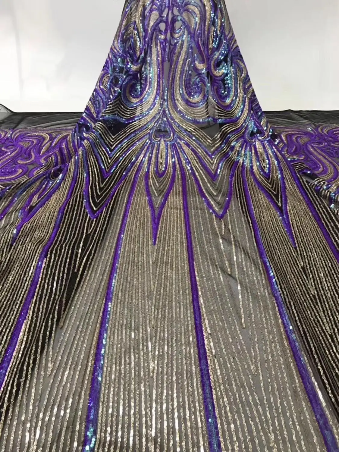 

French lace fabric 5yds/pce purple heavy sequins mesh fabrics women gorgeous luxury party show bright dress 2019 new arrivals