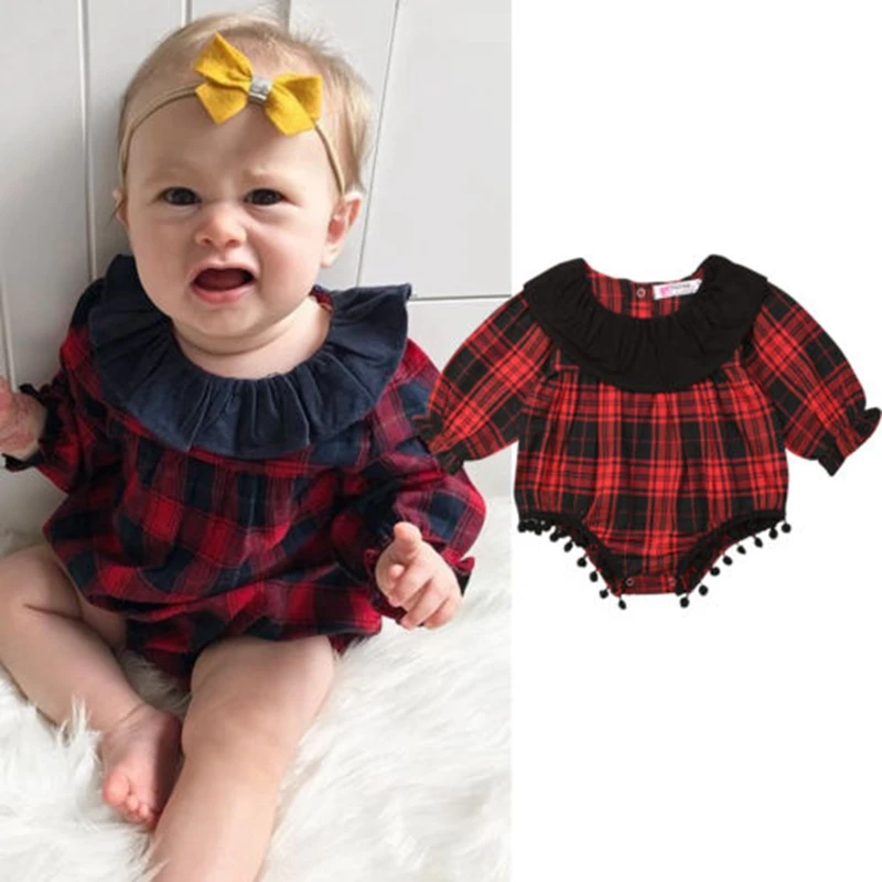 CANIS Fashion Newborn Baby Girl Plaid Long Sleeve Red Plaid Tassel