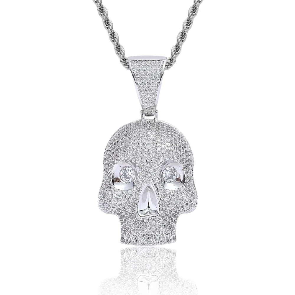

Custom Hip Hop Jewelry Iced Out CZ Diamond Skull Head Pendant Micro Paved CZ Stone Charm Men's Silver Necklace Joyas Homme