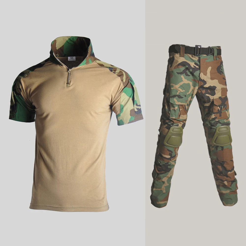 Summer Army Military Uniform Camouflage Tactical Combat Suit BDU Airsoft War Game Clothing Outdoor Short Shirts + Pants Knee Pad|Военный| |