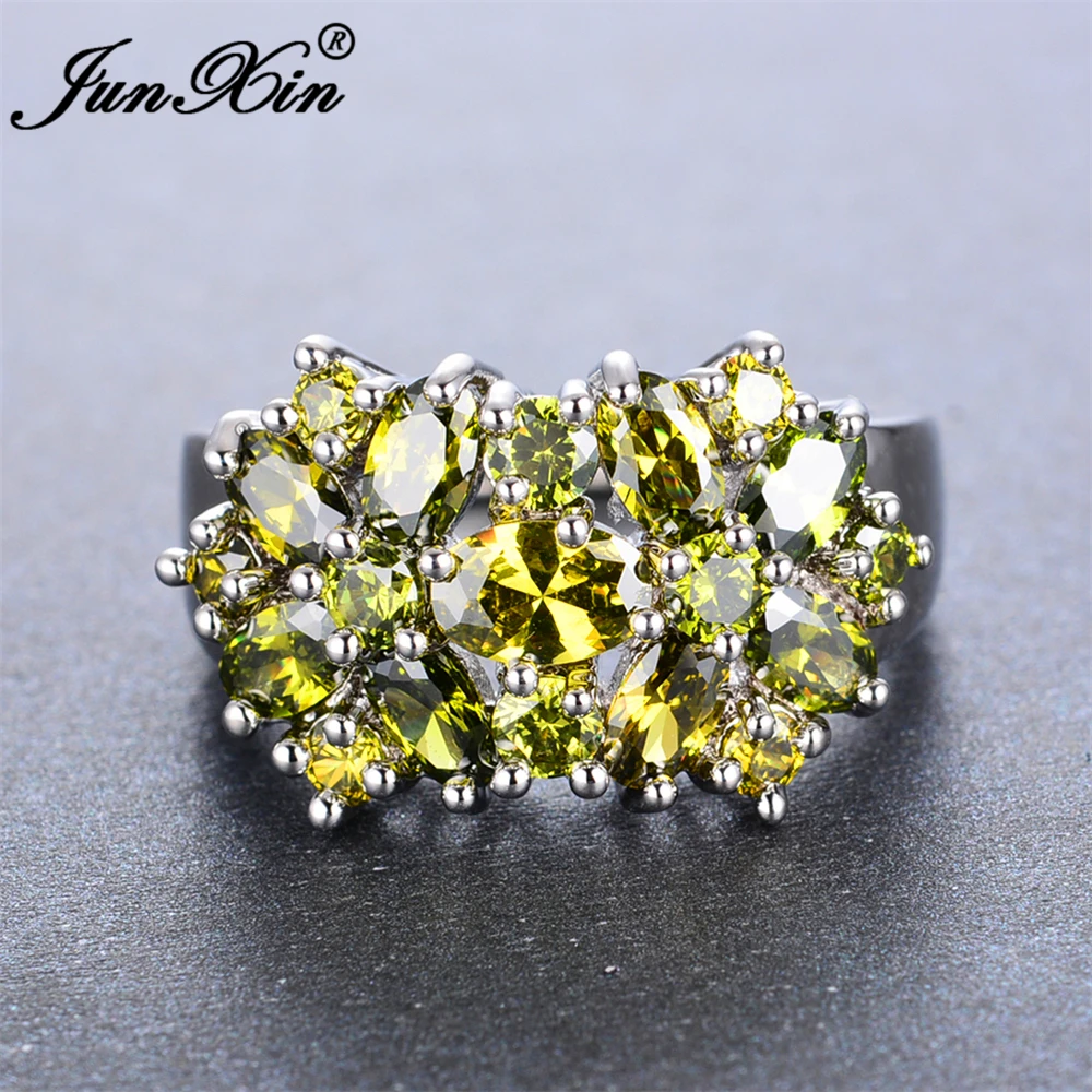 JUNXIN модное женское кольцо с перидотом и цирконием, роскошные ювелирные изделия из белого золота с кристаллами, винтажные Свадебные Кольца для женщин