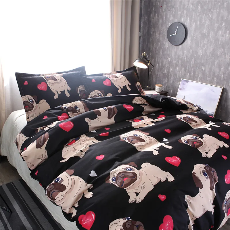 Черный с принтованным Мопсом, комплекты постельного белья в форме сердца собака Постельное белье 2/3 шт. набор кровать двуспальная queen Стёганое одеяло, покрывало на кровать, белье постельно