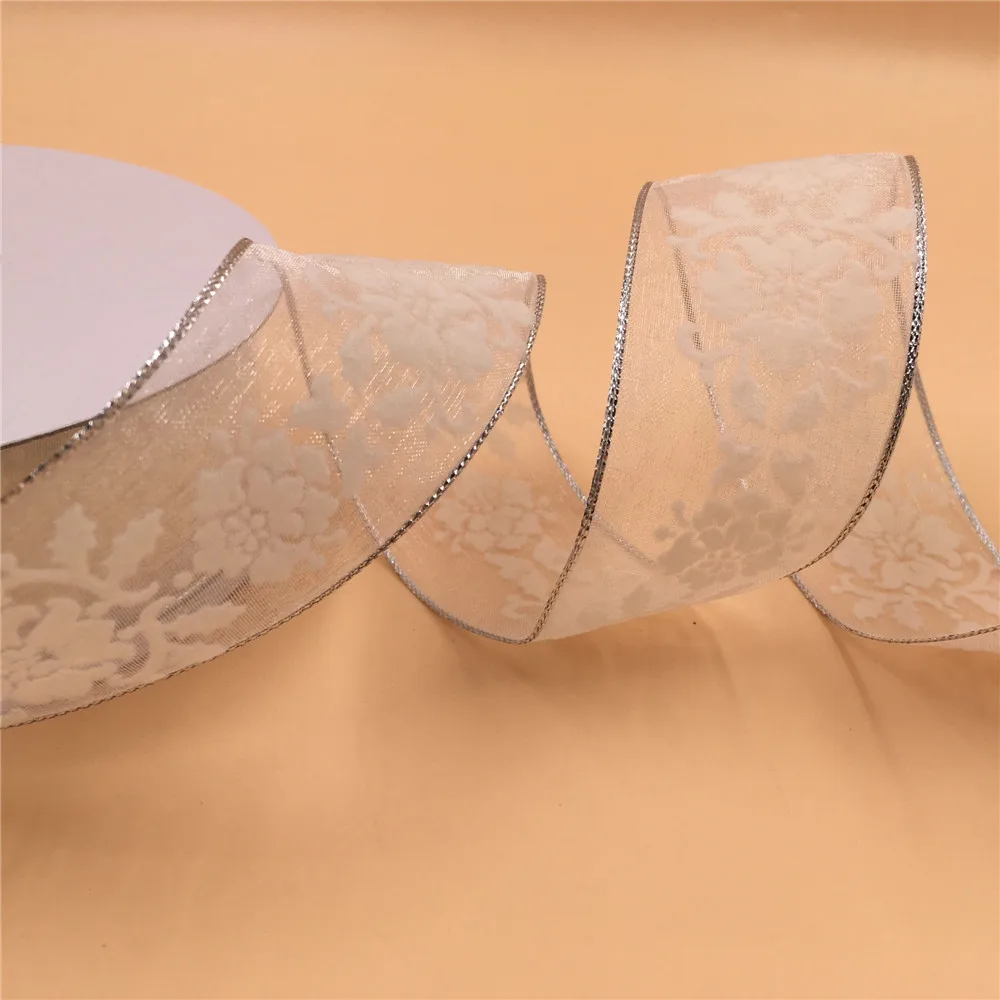 

38mm X 25yards Silver Lurex Flocking White Printing Sheer Ribbon. Gift Bow,wedding,cake Wrap,tree Decoration,wreath N1016