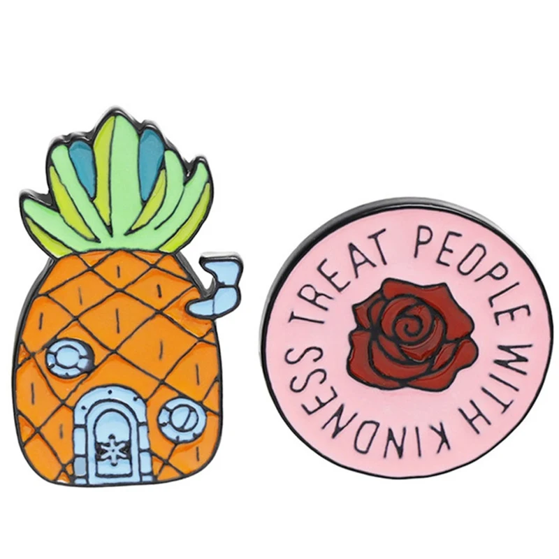 

Pineapple House Brooch Treat People With Kindness Rose Brooch Enamel Pin Denim Hat Badge Family Kid Gifts