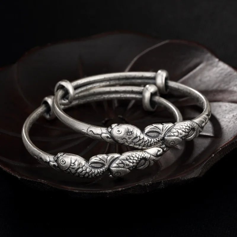 

Real Pure 999 Sterling Silver Bangles For Children Fish Engraved Classic Expandable Bangle Bracelet Jonc Argent 925
