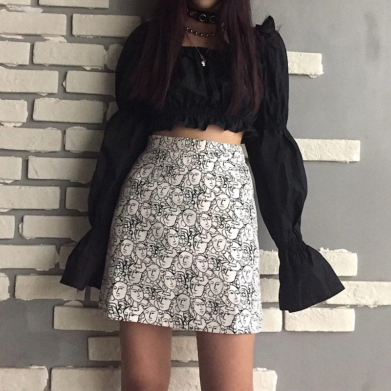 

Lychee Girls Harajuku Comic Character Face Print Female Skirt Skinny High Waist Above Knee Spring Summer Women Skirt