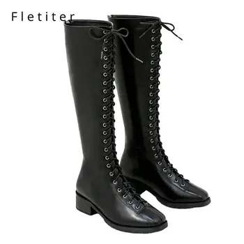 

Fletiter Winter shoes Autumn Lacing Knee High Boots Women Fashion Black Square Heel Woman Leather Shoes size 34-40 Hot Sale
