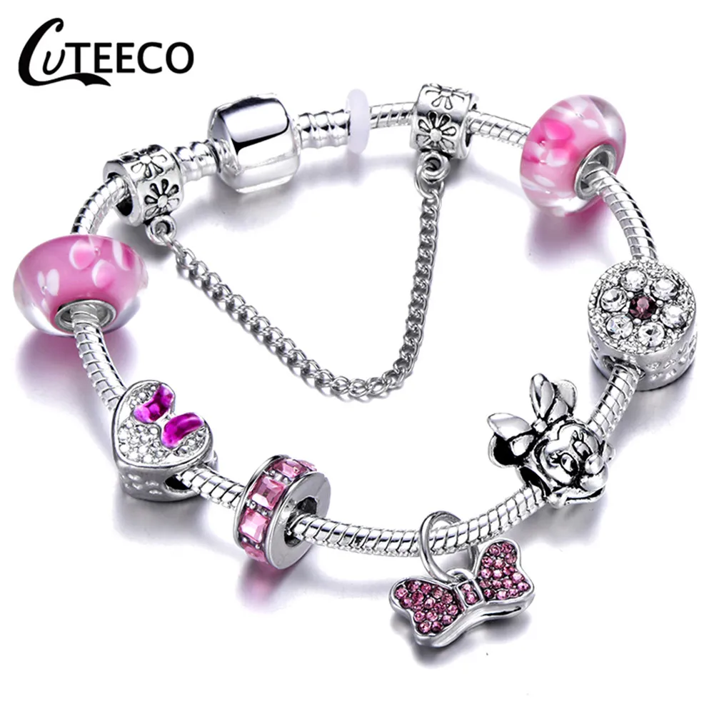 CUTEECO Микки Минни бусы очаровательные браслеты для женщин популярный дизайн подходят бренд браслеты женские ювелирные изделия подарок - Окраска металла: E