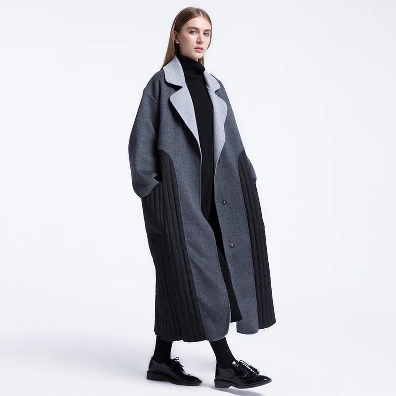 

IRINAY006 2018 Original Design unique loose x long white duck down patchwork handmade double faced wool coat women winter