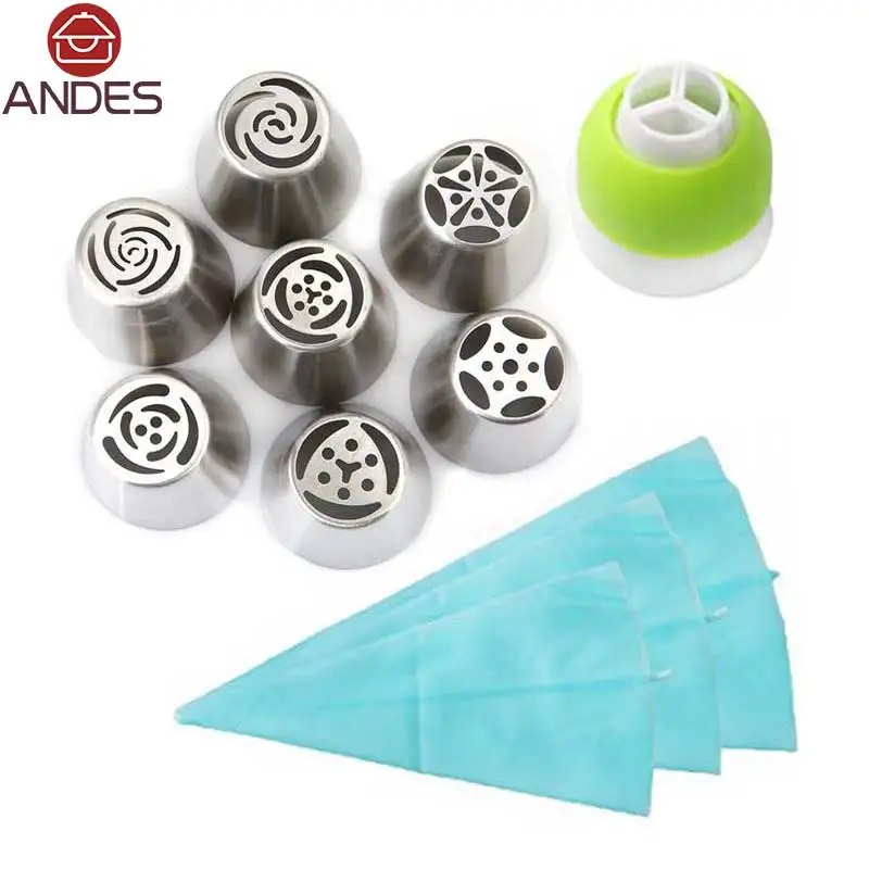 

ANDES Tulip Icing Piping Nozzles Pastry Decorating Set (7 Russian Tips 3 PCS Silicone Reusable Pastry Bags 1 Tri-Color Coupler)
