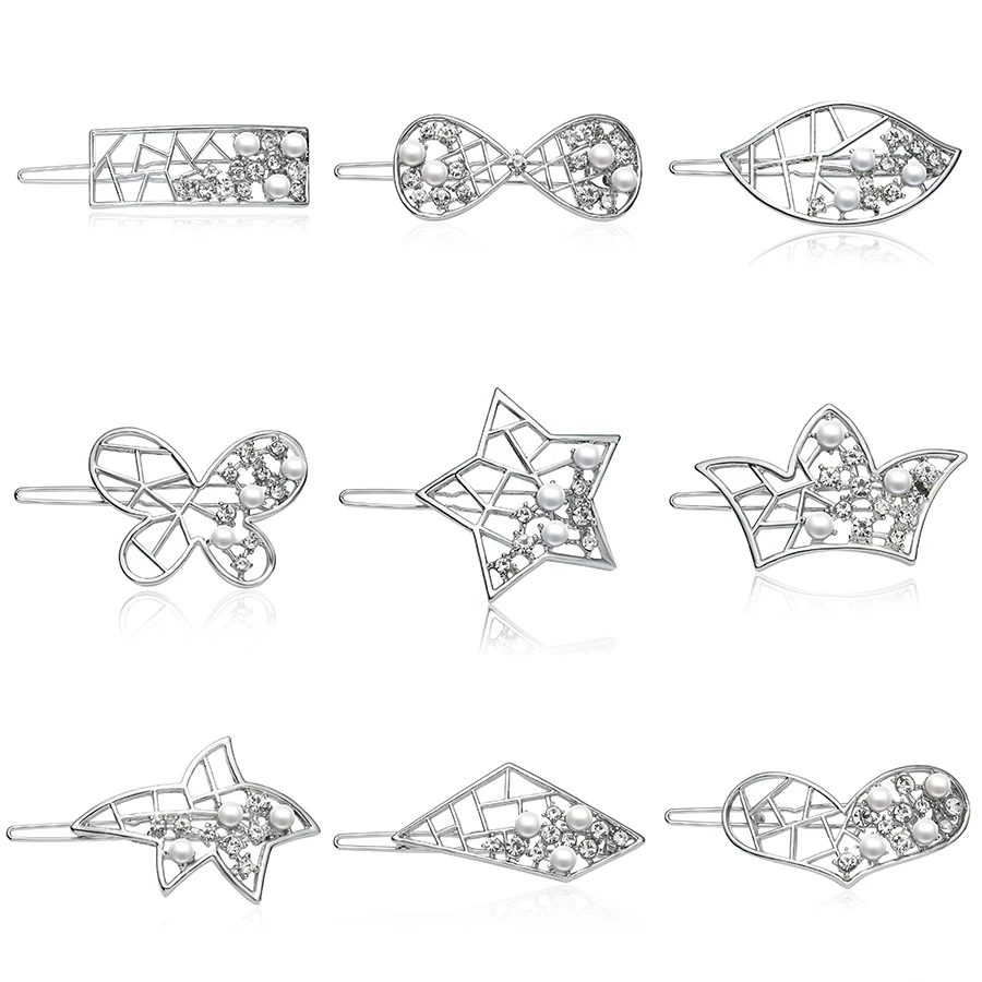 Серебряные стразы, заколка для волос для женщин, Бабочка, бант, корона, лист, дизайн, заколки для волос, заколка для волос, аксессуары для волос