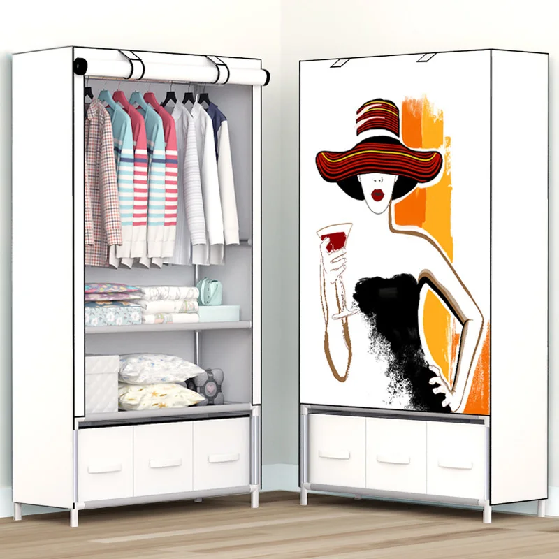 3D printing Dormitory single wardrobe with 3 drawer Non woven Steel frame Storage Organizer Detachable Clothing