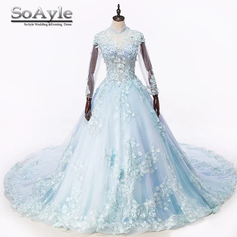 SoAyle Благородство Свадебное Платье Appliques Жемчуг Элегантный халат де mariage See Through Полный Рукав Ватто Поезд Бальное платье