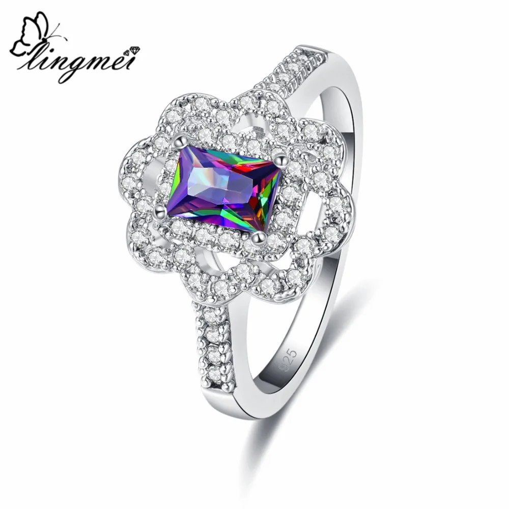

lingmei 2019 New Fashion Classic Multicolor & White & Purple Zircon Silver Ring Size 6 7 8 9 Jewelry For Women Pretty Gifts