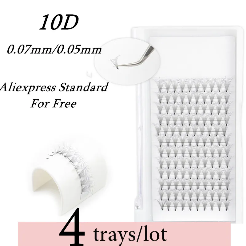 

4 Trays/ Lot 10D Curl D Thickness 0.07 0.05mm Pre Made Eyelash Extension High Quality Pre Fanned For Russian Volume Lshes