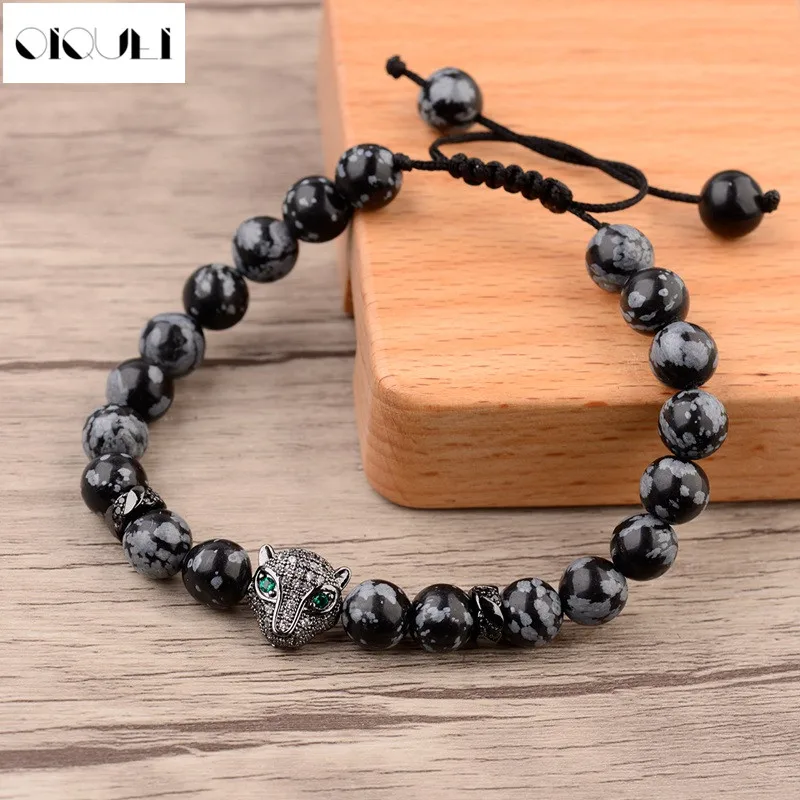 

OIQUEI Black CZ Copper Beads Briaded Bracelets Macrame Jewelry Cubic Zirconia Leopard Heads Natural Stone Charm Bracelets Men