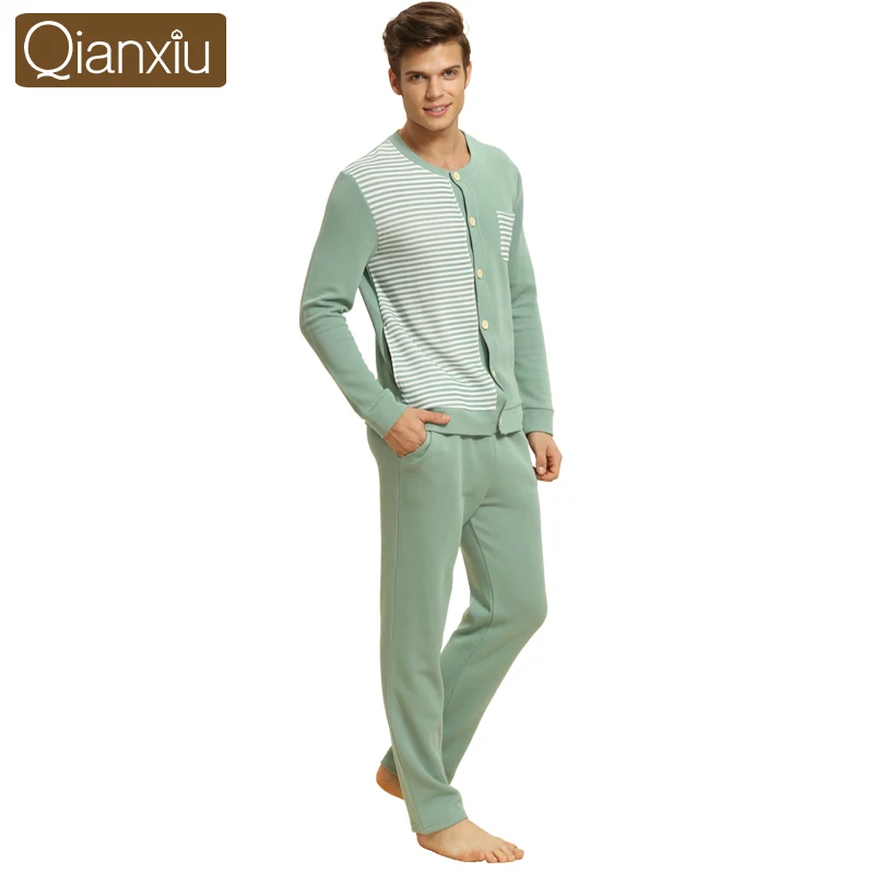 Qianxiu пижамные комплекты для мужчин с круглым вырезом и длинными рукавами Повседневная одежда для сна хлопковые утепленные пижамы 15292 - Цвет: Men Green