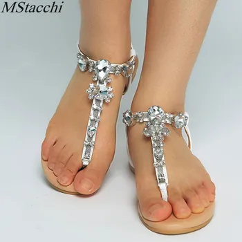 

Mstacchi Fashion White Women Sandals Bohemian Diamond Slippers Woman Flats Flip Flops Shoes Summer Beach Sandals Big Size 34-47