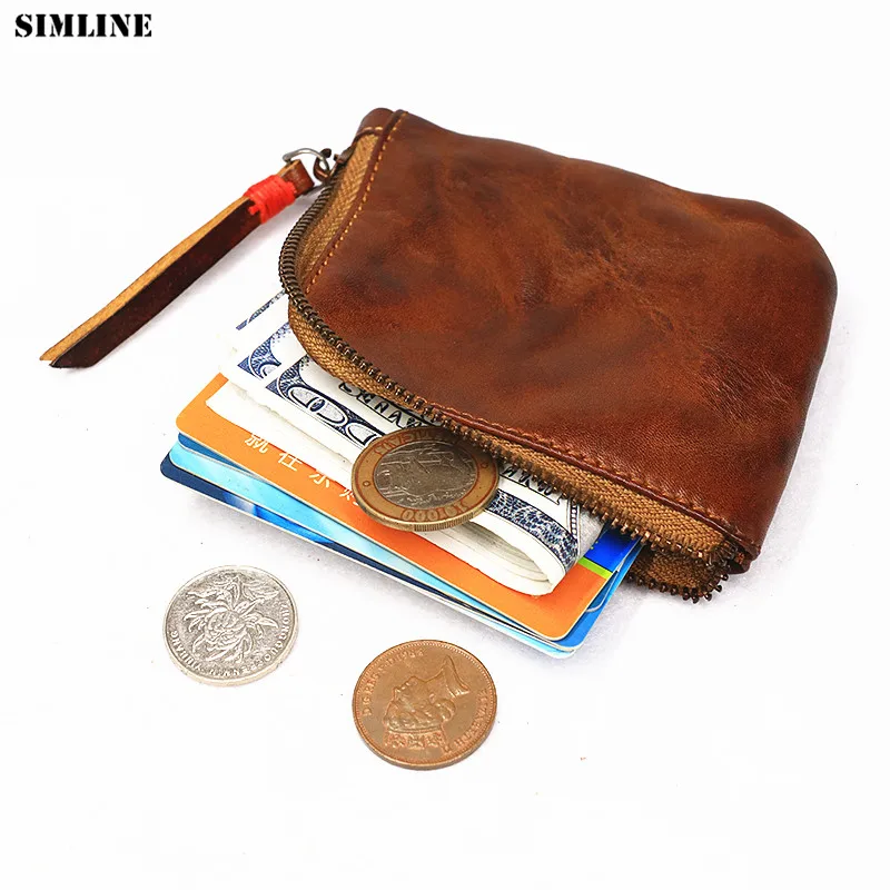 Slim Coin Wallet Genuine Leather Card Holder Coin Case Purse with Zipper for Men