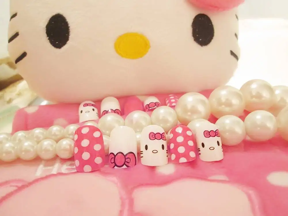 24 шт. популярные милые розовые накладные ногти hello kitty короткие яркие точки полоски для ногтей с дизайном акриловые накладные инструменты для дизайна ногтей