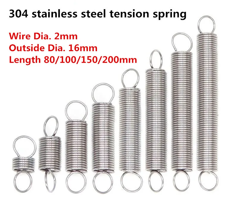 Wire Dia. 2mm Outside Dia. 16mm Length 80/100/150/200mm 304 stainless steel tension springs