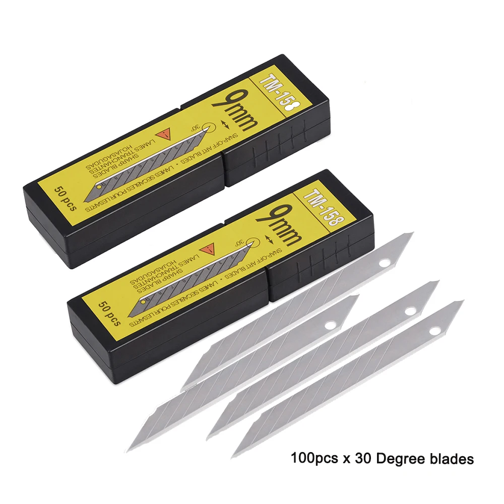 

100pcs Carbon Steel Snap Off Blades 30 Degree 9mm Utility Art Knife Spare Blade Vinyl Film Car Stickers Cutting DIY Tool